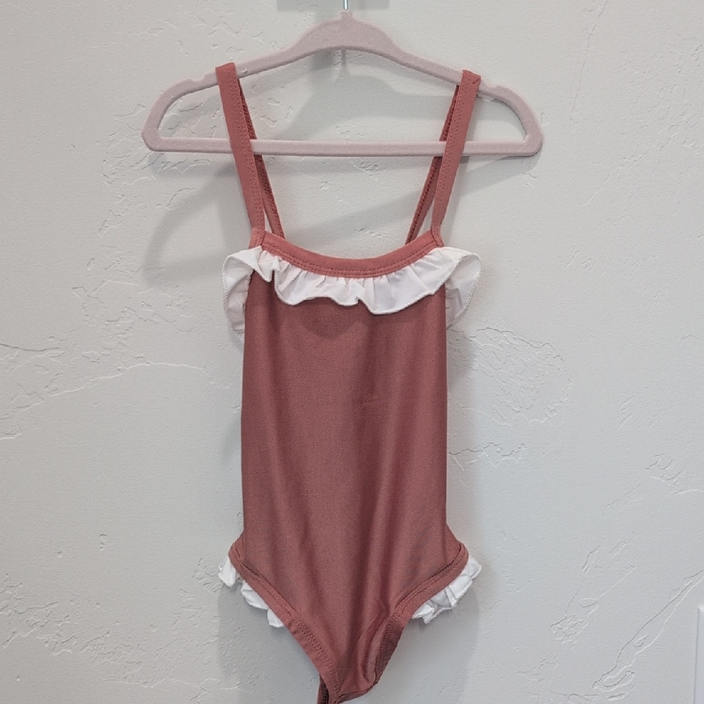 Kids Ruffled One Piece Swimsuit - Rose and White 9-12m